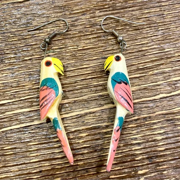 Vintage Parrot Earrings Handmade Wood - Picture 2 of 11